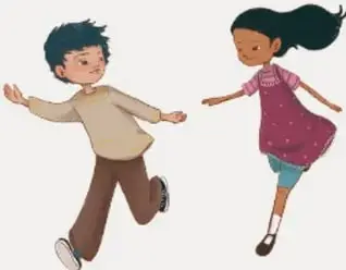 Ilustración de dos niños corriendo felices de la mano; crédito vertical de Francesco Falciani Muñoz García.