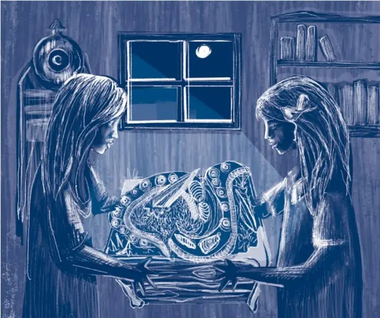 Ilustración en tonos azules: dos niñas de cabello largo sostienen un ser con forma de dragón o pez, frente a una ventana con luna llena y un reloj. Al pie: «Nidia Alejandra Hernández Hernández, Ciudad de México».