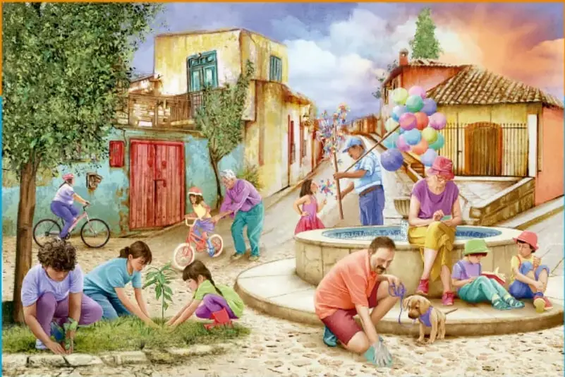 Ilustración pintada de una plaza comunitaria mexicana: casas de colores, una fuente, niñas y niños jugando, sembrando, en bicicleta y leyendo; adultos conviviendo; globos de colores y un perro.