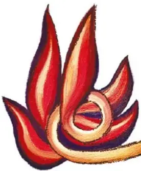 Ilustración vertical de varias personas sonrientes con los brazos levantados, dispuestas en columna, que parecen celebrar o recibir el fuego.