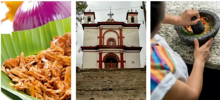 Platillo típico mexicano servido sobre hoja de plátano, con cebolla morada y chile.