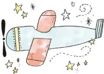 Dibujo de un avioncito rosa y blanco hecho con curitas (bandas adhesivas), volando entre estrellas y espirales.