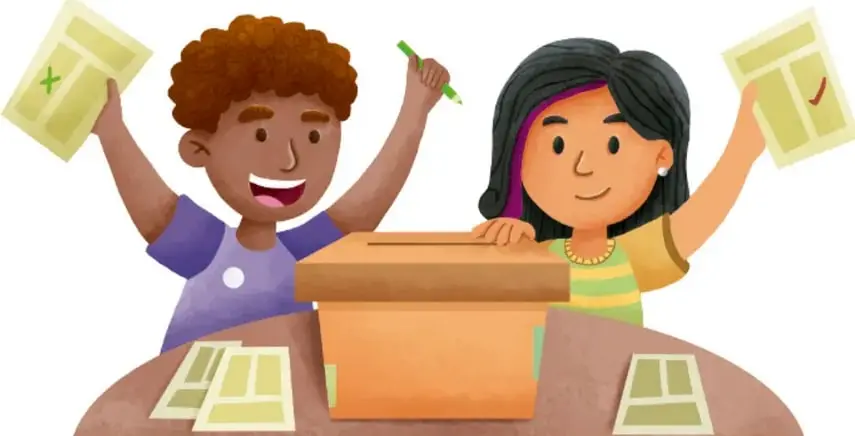 Ilustración de dos estudiantes (un niño y una niña) sonrientes junto a una caja sobre una mesa; el niño levanta una hoja con una equis y la niña otra con un palito (marca de votación), con hojas y papeletas sobre la mesa. Crédito: Luis Ángel Ortiz Sánchez, Ciudad de México.