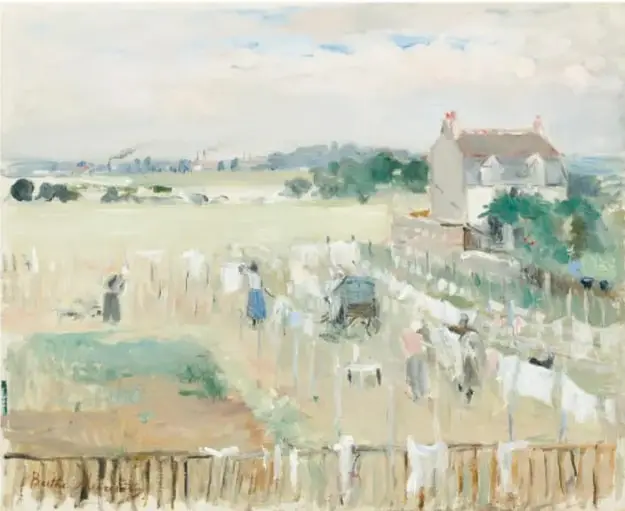 Óleo 'Colgar la ropa para secar' (1875) de Berthe Morisot: paisaje con líneas de ropa tendida en un campo, casas al fondo.