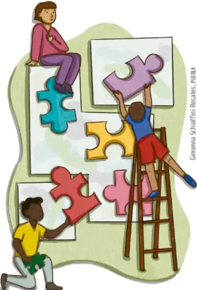 Ilustración de tres estudiantes armando un rompecabezas gigante: una niña sentada colocando una pieza, un niño en escalera colocando otra pieza y un niño de pie sosteniendo una pieza roja; representa la unión de las piezas del proyecto (crédito: Guillermo Sánchez Robles, PUERA).
