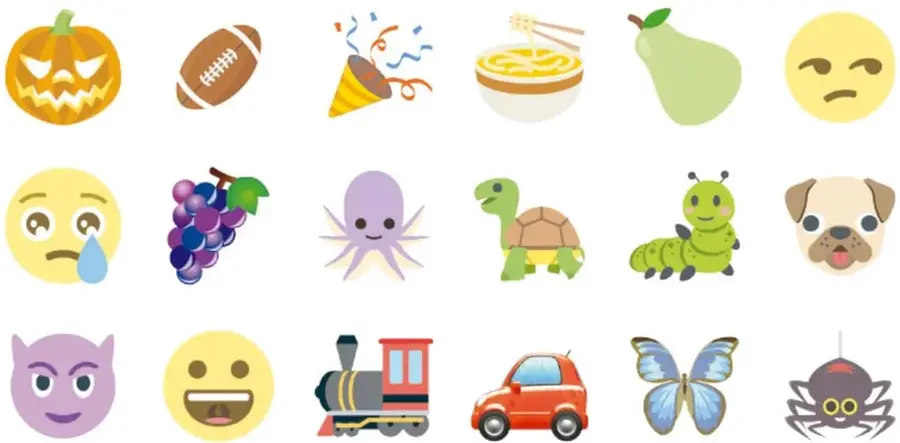 Rejilla de emojis actuales: calabaza, pelota de fútbol americano, serpentina, tazón de ramen, pera, cara indiferente, cara llorando, uvas, pulpo, tortuga, oruga, perro, diablito, cara feliz, tren, auto rojo, mariposa y araña.