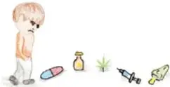 Persona junto a diversos objetos que representan drogas (pastillas, frasco, planta, jeringa).