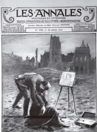 Portada de la revista Les Annales (mars 1929), publicación fundacional de la escuela de los Annales, con grabado de un paisaje urbano en ruinas.
