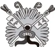 Emblema decorativo con rostro prehispánico y abanico de plumas, propio de los proyectos de aula.