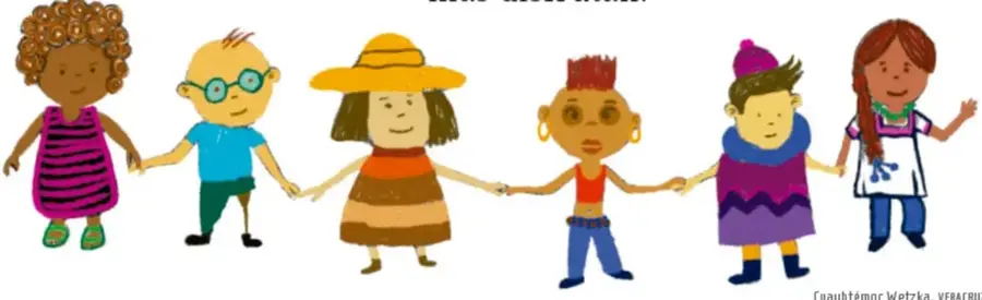 Ilustración de seis niños y niñas de distintos estiles (diferentes colores de piel, peinados, ropa y accesorios como sombrero, lentes, aretes y gorro) tomados de la mano, simbolizando la diversidad y la unidad. Crédito del ilustrador: Cuauhtémoc Wetzka, Veracruz.