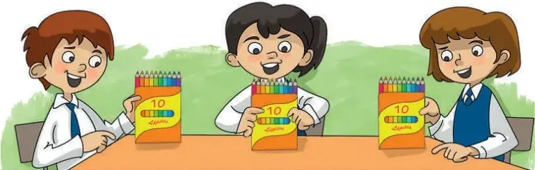 Ilustración de tres niños (José, María y Tatiana) sentados tras una mesa, cada uno con un estuche de lápices de colores que indica el número 10.