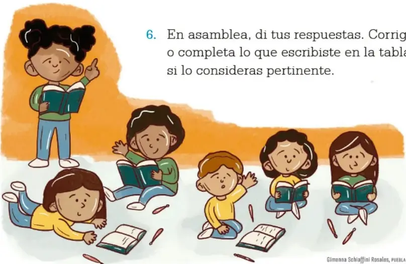 Ilustración de una niña de pie señalando con el dedo índice mientras sostiene un libro abierto, acompañada de cinco compañeros sentados y acostados leyendo libros; hay lápices de colores dispersos. Crédito: Gimena Schiaffini Rosales, ilustración.