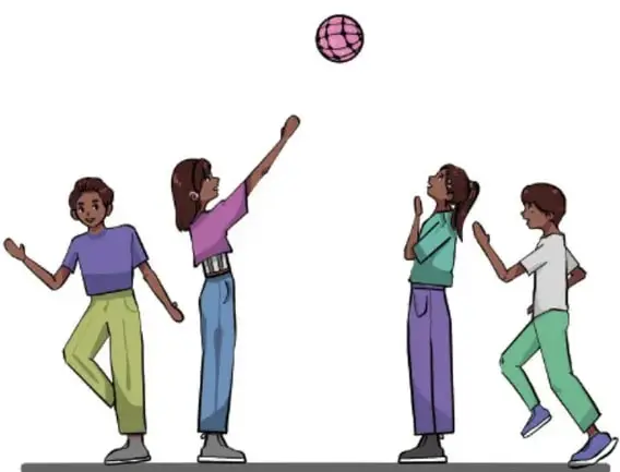 Ilustración de cuatro niñas y niños en movimiento: una niña lanza o atrapa una pelota rosada, otras dos observan y otra camina animadamente. Crédito: Melissa Arenas Montealegre, CIUDAD DE MÉXICO.