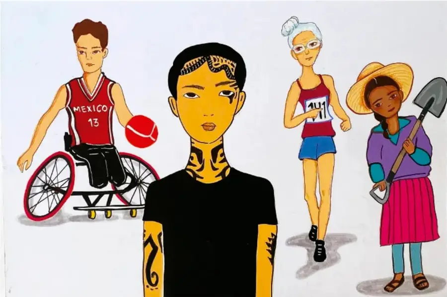Pintura naïf de cuatro personas: un atleta en silla de ruedas deportiva con jersey rojo 'México 13' y balón rojo; una persona de piel dorada con tatuajes en cabeza, cuello y brazos con playera negra; una mujer adulta mayor de cabello blanco corriendo con dorsal 1411 y tenis; y una campesina con sombrero de paja, blusa morada, falda rosa y una pala; obra de Graciela Patricia Frutos Maza, Ciudad de México.