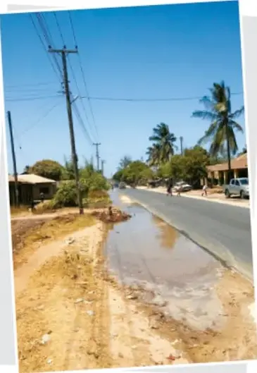 Fotografía de una calle con un charco o tolvanera inundada de agua en un camino de terracería, con postes eléctricos, palmeras y casas al fondo.