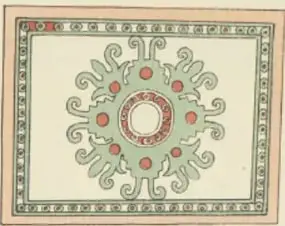 Ilustración de estilo códice: hombre de perfil con penacho multicolor, orejera, capa blanca y sandalias rojas, sentado pintando sobre papel con pincel delgado; vasija troncocónica a su lado, asiento con grecas.