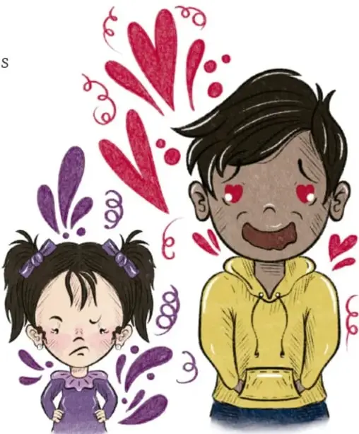 Ilustración de un niño de piel morena con sudadera amarilla que llora con lágrimas en forma de corazón (tristeza), rodeado de corazón es rojos; junto a él una niña con coletas y vestido morado con gesto de enojo y manchas moradas alrededor.