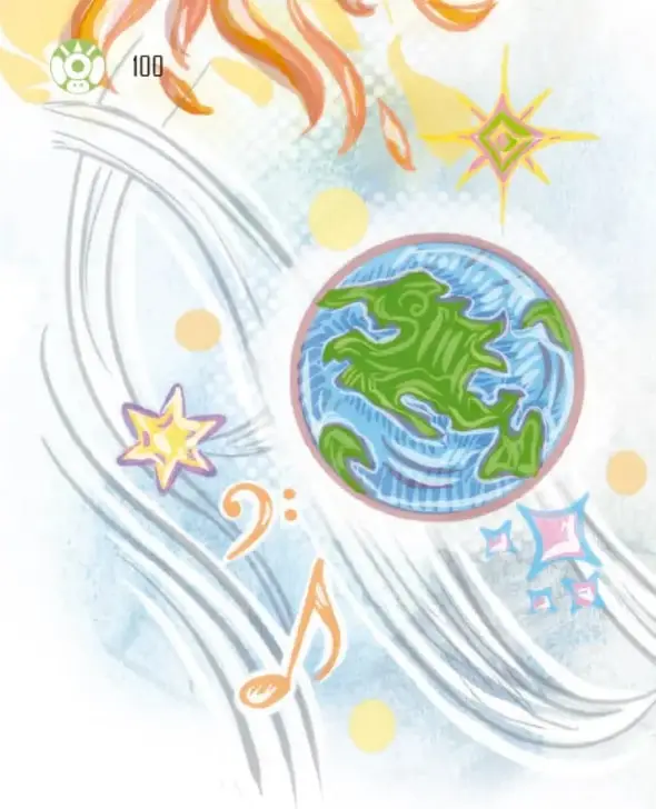 Ilustración de un planeta Tierra estilizado con tonos verdes y azules, rodeado de estrellas, notas musicales y líneas curvas que sugieren movimiento cósmico.