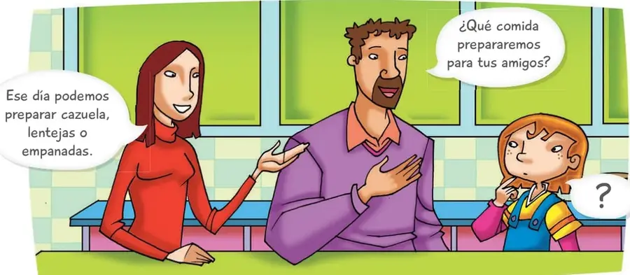 Escena de cocina: la mamá de Clara, con polera roja, dice «Ese día podemos preparar cazuela, lentejas o empanadas»; el papá, con polera morada, pregunta «¿Qué comida prepararemos para tus amigos?»; Clara, a la derecha, piensa con un signo de interrogación en un globo de diálogo.