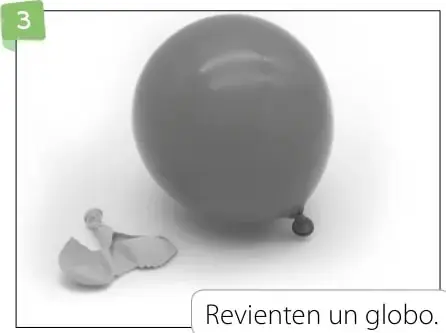 Globo reventado con restos de goma; rótulo 'Revienten un globo.'
