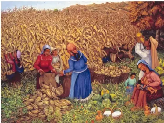 Pintura que muestra a un grupo de personas recolectando mazorcas en un campo de maíz, con canastas y vasijas.