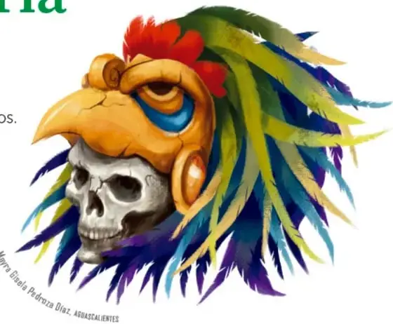 Calavera con penacho de plumas de colores (rojo, amarillo, azul, verde) y tocado dorado, símbolo mexica de la muerte y el sacrificio.