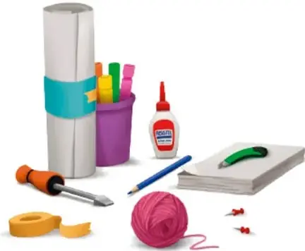Materiales escolares: plumones, pegamento, tijeras, lana, cinta, lápices; crédito a Mayra Gisela Pedroza Díaz, Aguascalientes.