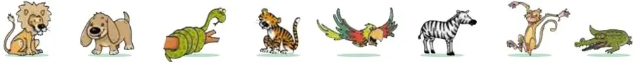 Fila de ocho animales: león, perro, iguana, tigre, loro, cebra, mono y cocodrilo.