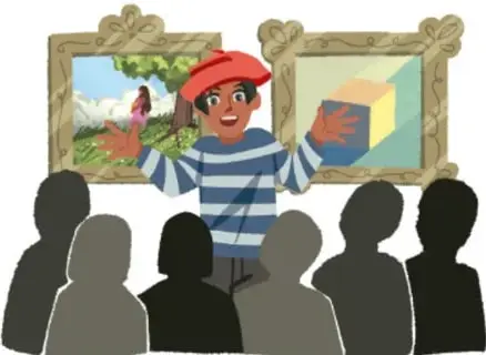 Miguel con boina roja dando un discurso con los brazos abiertos, frente a dos cuadros dorados enmarcados (un paisaje con una figura rosa y un bodegón azul) y un público de siluetas oscuras y grises.