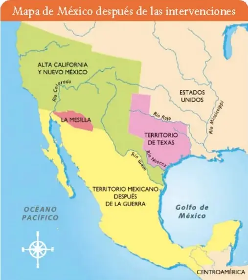 Mapa de México después de las intervenciones, con los territorios perdidos: Alta California y Nuevo México, La Mesilla, Territorio de Texas y Territorio mexicano después de la guerra.