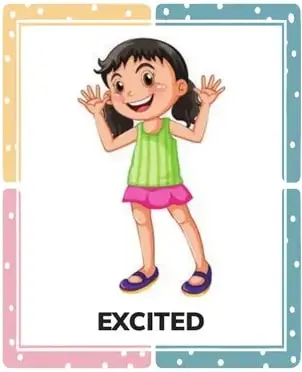 Tres tarjetas: ANGRY (niño enojado), SCARED (niño en el suelo asustado) y SURPRISED (niña con manos arriba).