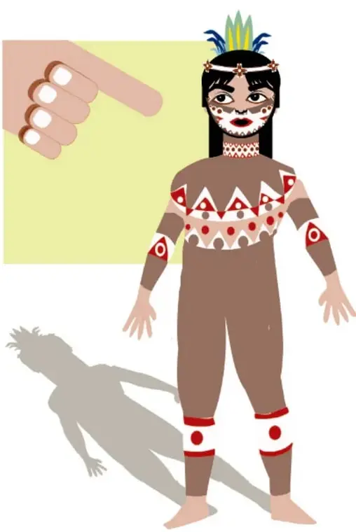 Ilustración de Nanahuatzin: dios de piel morena con llagas rojas y blancas, collar, ligas rojas en tobillos, penacho de plumas verde y azul; una mano gigante lo señala y proyecta una sombra. Firma: Santiago Gutiérrez Vega.