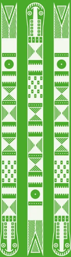 Franja verde con tres figuras ornamentales verticales en blanco y verde, de estilo geométrico inspired en arte textiles o grabado indígena, con círculos, triángulos y motivos escalonados.