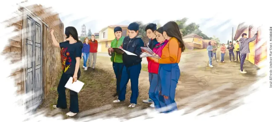 Ilustración de estudiantes de secundaria en una calle de comunidad rural o urbana popular, con cuadernos y carpetas, entrevistando o recogiendo información; una estudiante apunta en la pared de una casa. Crédito: José Alfredo Jiménez Mé. MOLEM.