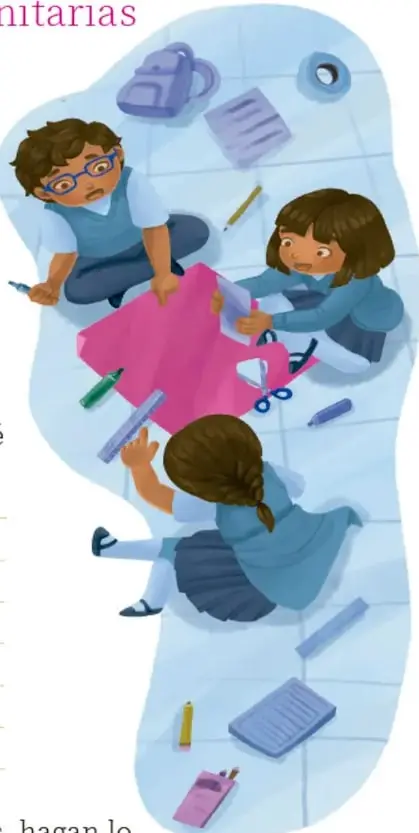 Ilustración de tres niñas y un niño trabajando en el piso con una cartulina rosa, plumones, tijeras y reglas, elaborando un cartel.