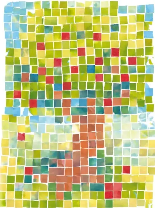 Mosaico de cuadrados de colores (verdes, azules, rojos, amarillos) que forman un patrón geométrico.
