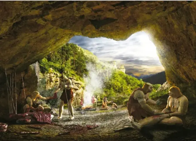 Ilustración de un grupo de cazadores-recolectores prehistóricos en una cueva: algunos sostienen lanzas, otros trabajan pieles y uno observa el paisaje exterior.