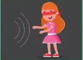 Ilustración de una experiencia en la que una niña intenta ubicar la dirección de un sonido.
