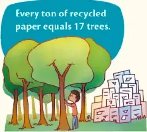 Bosque con niño y pila de papel reciclado: 'Every ton of recycled paper equals 17 trees'.