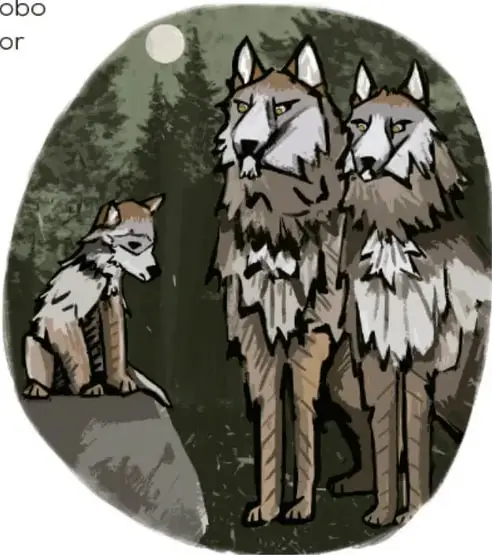 Ilustración de una manada de lobos grises en un bosque; uno de ellos, más pequeño, está sentado y parece triste.