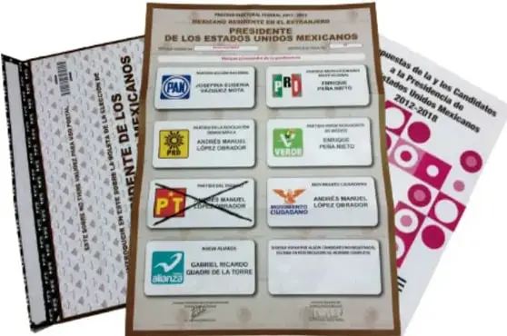 Fotografía de credenciales de votar y una publicación del Instituto Nacional Electoral (INE) sobre la integración de los ayuntamientos de México, 2017-2018.