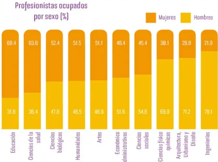 Gráfica de barras apiladas titulada "Profesionistas ocupados por sexo [%]". Cada barra representa un área profesional y se divide en dos colores: naranja para mujeres y amarillo para hombres. Los porcentajes aparecen escritos dentro de cada segmento.