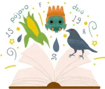 Ilustración de un libro abierto con plantas, mazorca de maíz, gotas de agua y un pájaro negro; contiene letras y números dispersos. Crédito: Filomena Tun Cocon, Quintana Roo.
