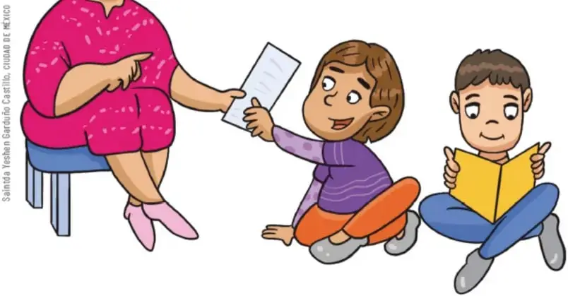 Ilustración de una maestra sentada que entrega un papel a un estudiante, mientras otro estudiante lee un libro; representa el trabajo en asamblea y el registro de acuerdos.