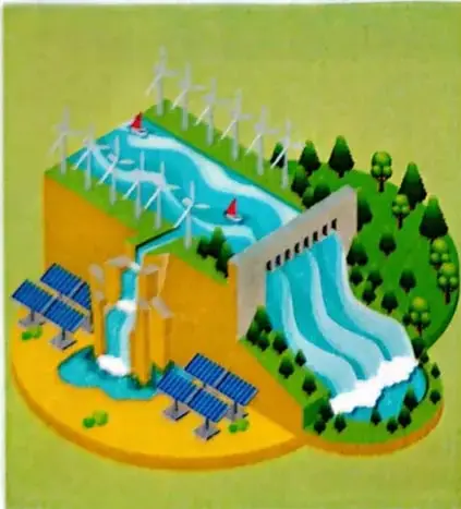 Ilustración de fuentes de energía limpias: molinos de viento, una central hidroeléctrica y paneles solares.