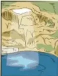 Ilustración de un paisaje con una cascada y agua, asociada al tema de desastres naturales y comunidad.