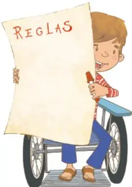 Niño en silla de ruedas que sostiene un cartel titulado REGLAS, el cartel elaborado en la página anterior; crédito: Maya Selene García López, CDMX.