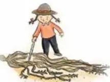 Ilustración de una niña con sombrero y rastrillo junto a un montón de algas cochayuyo.
