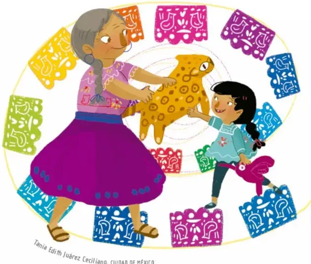 Ilustración de una abuela y una niña elaborando figuras de papel de china (nicho o figura de animal) rodeadas de papel picado de colores en forma circular. Ilustración de Tania Edith Juárez Ceciliano, Ciudad de México.