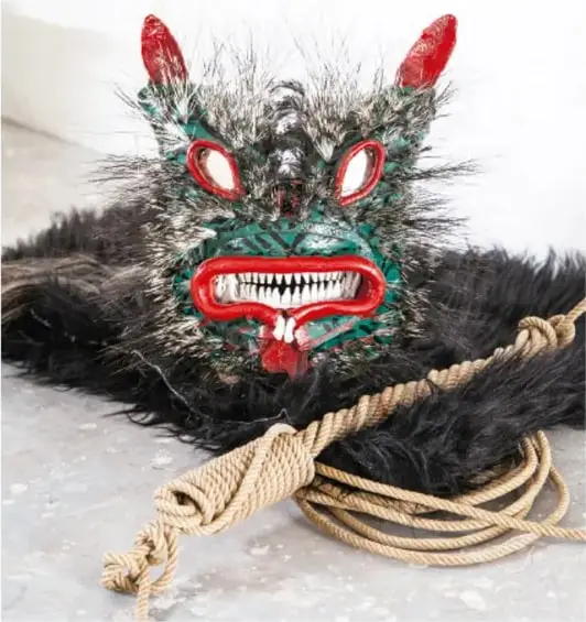 Máscara de felino con rostro verde pintado, ojos ovalados blancos, fauces rojas con dientes y lengua, cuernos rojos y pelaje negro rizado; cuerdas gruesas de ixtle atadas a su base.